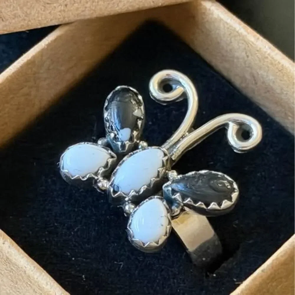 🦋 White Buffalo Sterling Silver Butterfly Ring — Adjustable 7–8.5
